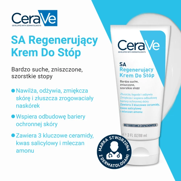 CeraVe SA, krem regenerujący do stóp z ceramidami, skóra sucha i bardzo sucha, 88 ml