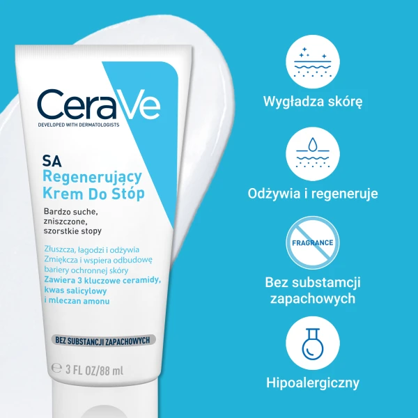 CeraVe SA, krem regenerujący do stóp z ceramidami, skóra sucha i bardzo sucha, 88 ml