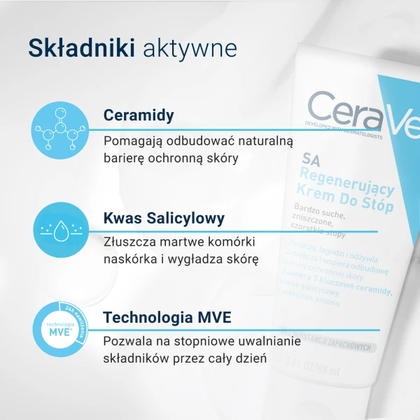 CeraVe SA, krem regenerujący do stóp z ceramidami, skóra sucha i bardzo sucha, 88 ml