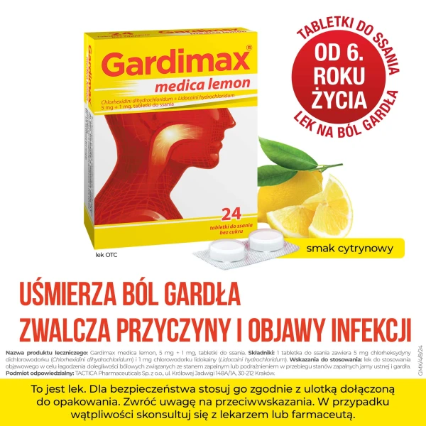 Gardimax Medica Lemon 5 mg + 1 mg, bez cukru, 24 tabletki do ssania