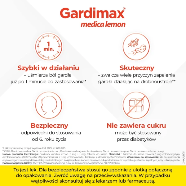 Gardimax Medica Lemon 5 mg + 1 mg, bez cukru, 24 tabletki do ssania