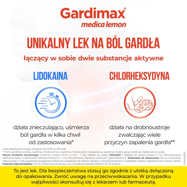 Gardimax Medica Lemon 5 mg + 1 mg, bez cukru, 24 tabletki do ssania