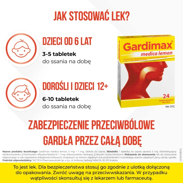 Gardimax Medica Lemon 5 mg + 1 mg, bez cukru, 24 tabletki do ssania