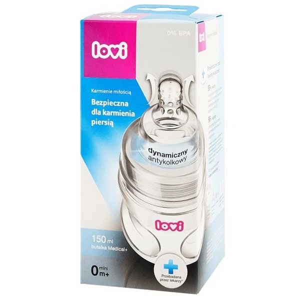 Lovi Medical+, butelka antykolkowa ze smoczkiem dynamicznym, mini, od urodzenia, 150 ml