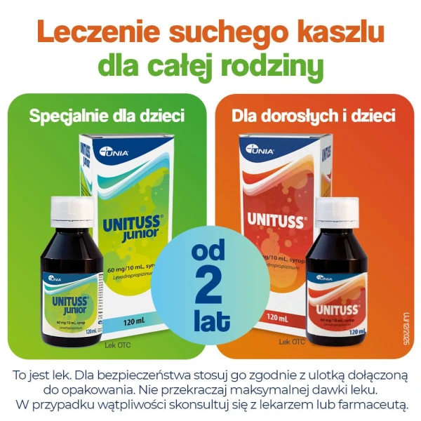 Unituss Junior syrop na suchy kaszel dla dzieci od 2. roku życia, 60 mg/10 ml, 120 ml 