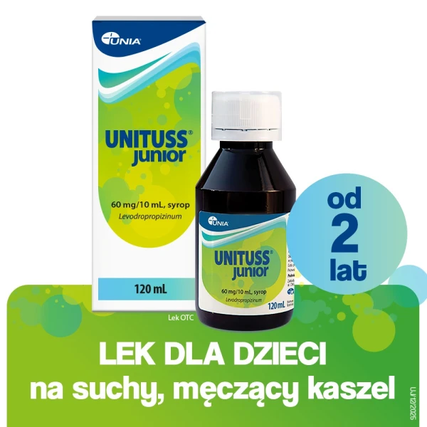 Unituss Junior syrop na suchy kaszel dla dzieci od 2. roku życia, 60 mg/10 ml, 120 ml 