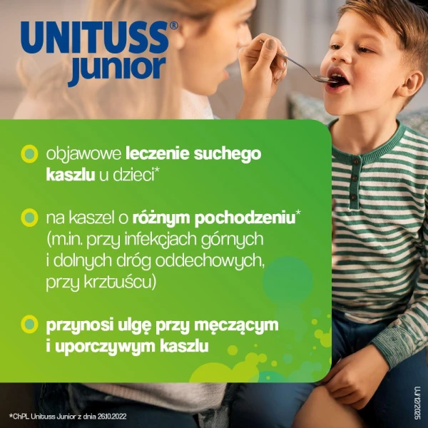 Unituss Junior syrop na suchy kaszel dla dzieci od 2. roku życia, 60 mg/10 ml, 120 ml 