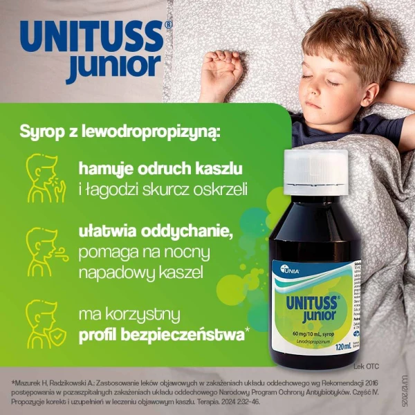 Unituss Junior syrop na suchy kaszel dla dzieci od 2. roku życia, 60 mg/10 ml, 120 ml 