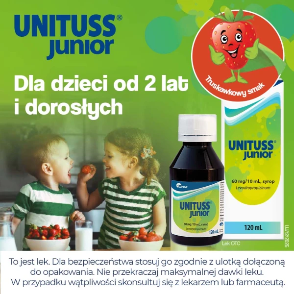 Unituss Junior syrop na suchy kaszel dla dzieci od 2. roku życia, 60 mg/10 ml, 120 ml 