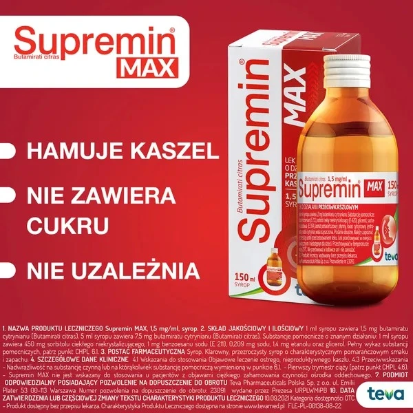 Supremin Max 1,5 mg/ ml, syrop od 3 lat o działaniu przeciwkaszlowym, 150 ml