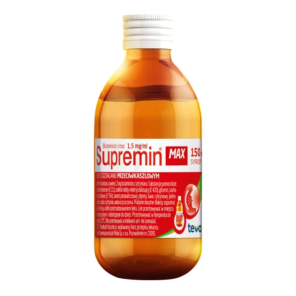 Supremin Max 1,5 mg/ ml, syrop od 3 lat o działaniu przeciwkaszlowym, 150 ml