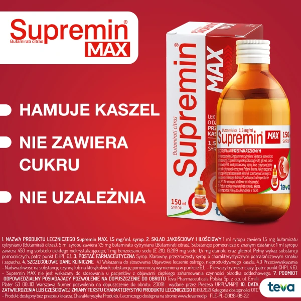 Supremin Max 1,5 mg/ ml, syrop od 3 lat o działaniu przeciwkaszlowym, 150 ml
