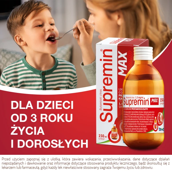 Supremin Max 1,5 mg/ ml, syrop od 3 lat o działaniu przeciwkaszlowym, 150 ml