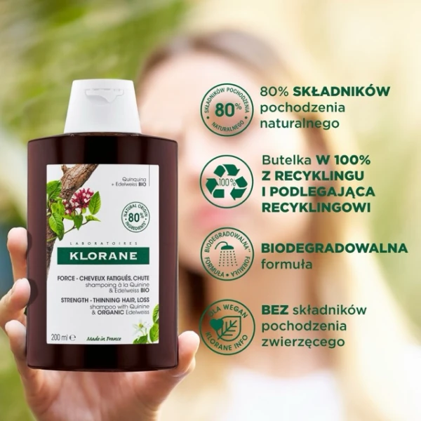 Klorane, szampon z chininą i organiczną szarotką do włosów wypadających i pozbawionych witalności, 200 ml