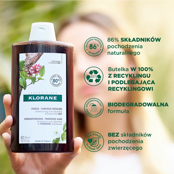Klorane, szampon z chininą i organiczną szarotką do włosów wypadających i pozbawionych witalności, 400 ml