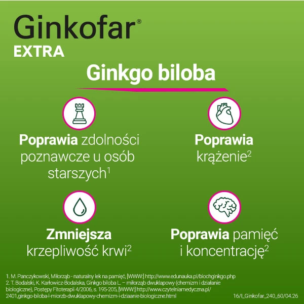 Ginkofar Extra 240 mg, wspiera pamięć, 60 tabletek powlekanych
