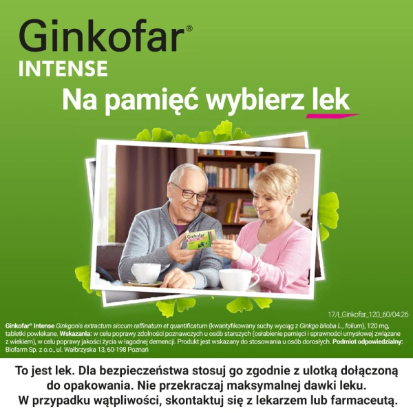 Ginkofar Intense 120 mg, wspiera pamięć, 60 tabletek powlekanych