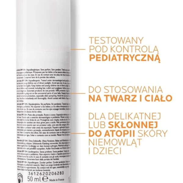 La Roche-Posay Anthelios Dermo-Pediatrics, mleczko ochronne do twarzy i ciała od 6 miesiąca, SPF 50+, 50 ml