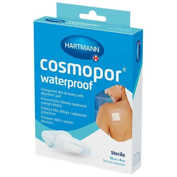 Cosmopor Waterproof, opatrunek chłonny, samoprzylepny, wodoodporny, jałowy, przezroczysty, 10 cm x 8 cm, 5 sztuk