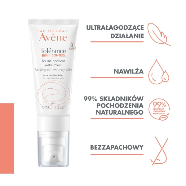 Avene Tolerance Control, balsam łagodząco-regenerujący do twarzy, skóra sucha i nadwrażliwa, 40 ml