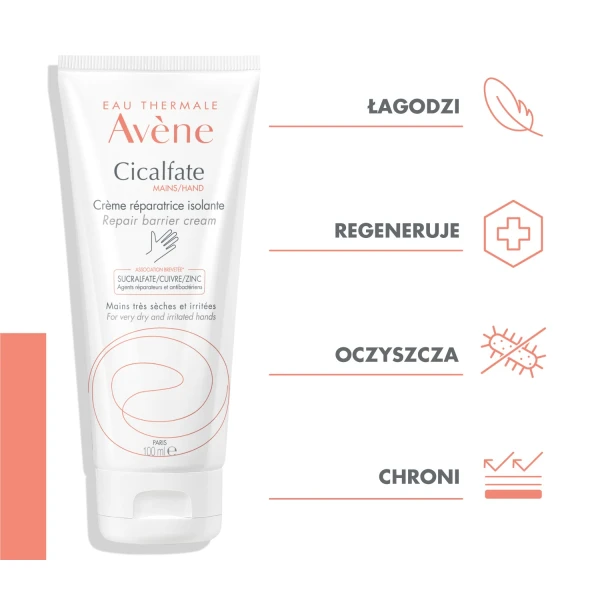 Avene Cicalfate, krem regenerujący do rąk, efekt bariery, skóra sucha i popękana, 100 ml
