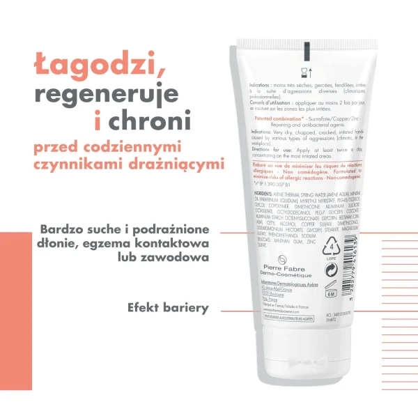 Avene Cicalfate, krem regenerujący do rąk, efekt bariery, skóra sucha i popękana, 100 ml