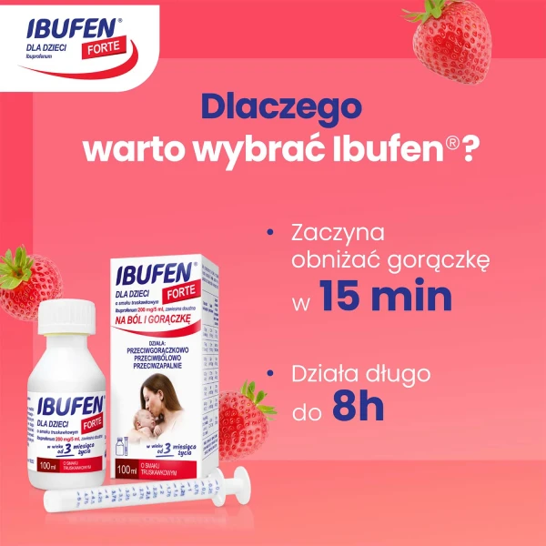 Ibufen dla dzieci Forte o smaku truskawkowym 200 mg/ 5 ml, zawiesina dosutna od 3 miesiąca, 40 ml