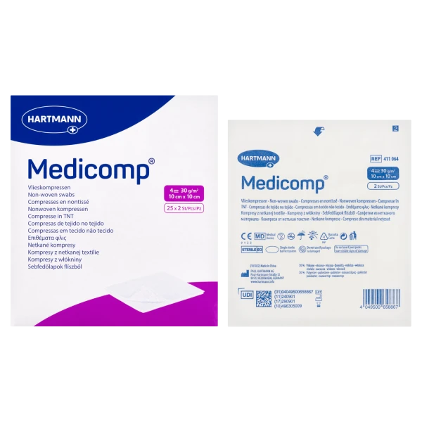 Medicomp, kompresy jałowe, włókninowe, 4-warstwowe, 30 g/m2, 10 cm x 10 cm, 50 sztuk