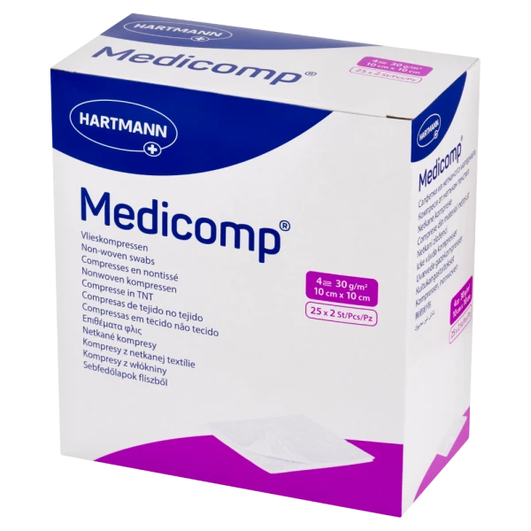 Medicomp, kompresy jałowe, włókninowe, 4-warstwowe, 30 g/m2, 10 cm x 10 cm, 50 sztuk