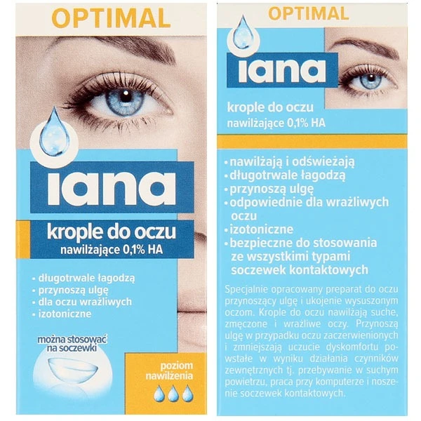 Iana Optimal, nawilżające krople do oczu 0,1 % HA, 10 ml