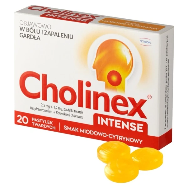 Cholinex Intense 2,5 mg + 1,2 mg, smak miodowo-cytrynowy, 20 pastylek twardych do ssania