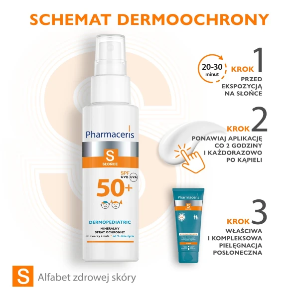 Pharmaceris S Dermopediatric, mineralny spray ochronny dla dzieci, do twarzy i ciała, od 1 dnia życia, wodoodporny, SPF 50+, 100 ml