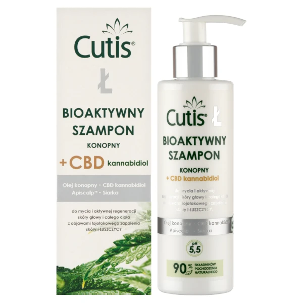 Cutis Ł-Łuszczyca, bioaktywny szampon konopny + CBD, łuszczyca, łojotokowe zapalenie skóry, 200 ml