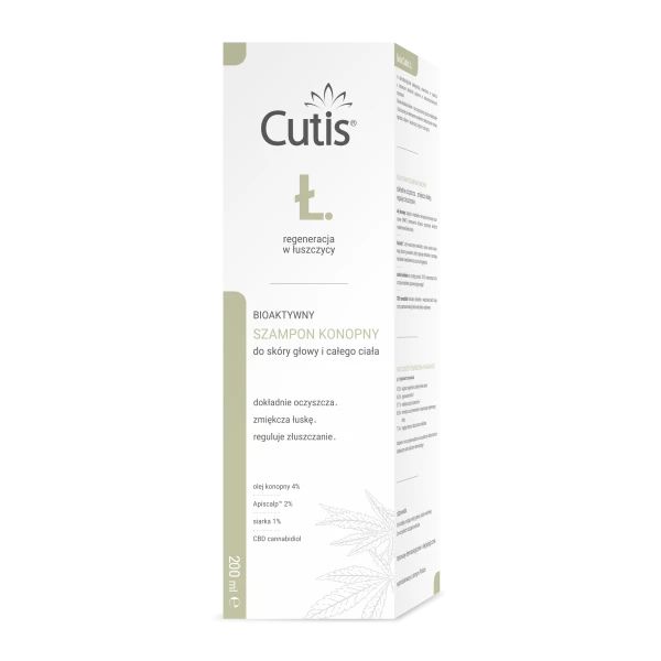 Cutis Ł-Łuszczyca, bioaktywny szampon konopny + CBD, łuszczyca, łojotokowe zapalenie skóry, 200 ml