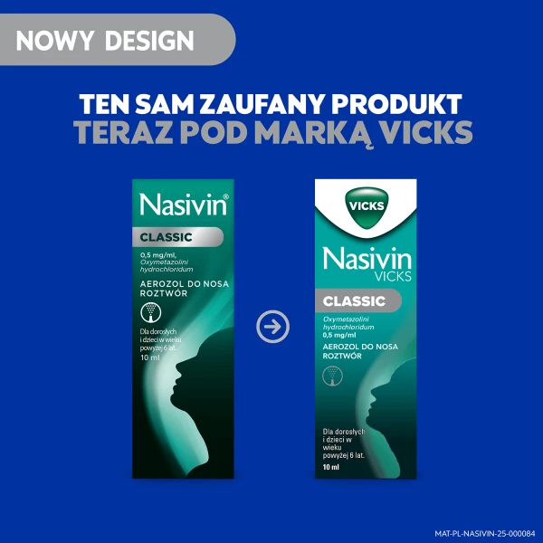 Nasivin Vicks Classic 0,5 mg/ml, aerozol do nosa dla dorosłych i dzieci od 6 lat, 10 ml