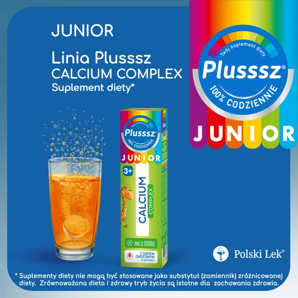 Plusssz Junior Calcium Complex, dla dzieci powyżej 3 lat, smak poziomka-jeżyna, 20 tabletek musujących