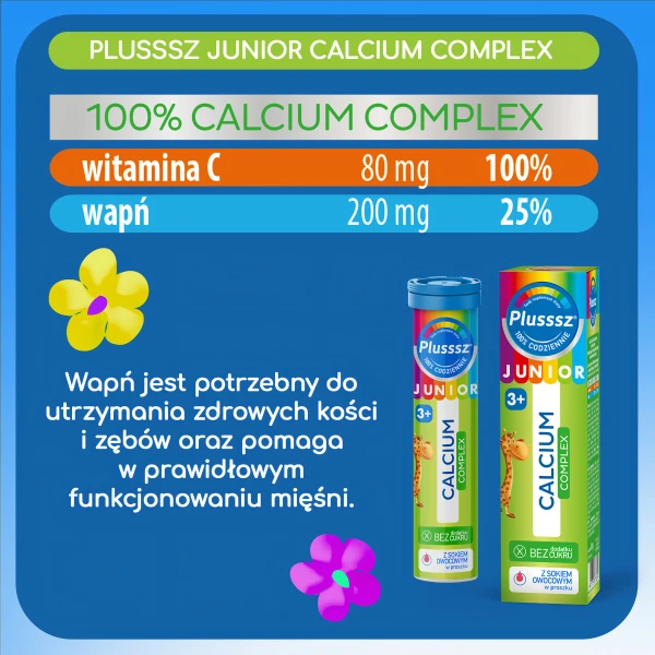 Plusssz Junior Calcium Complex, dla dzieci powyżej 3 lat, smak poziomka-jeżyna, 20 tabletek musujących