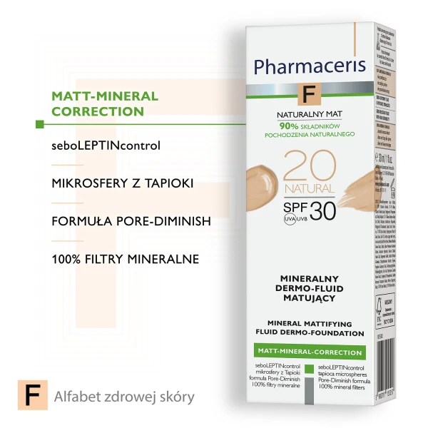 Pharmaceris F Matt-Mineral-Correction, mineralny dermo-fluid matujący, 20 Natural, SPF 30, 30 ml