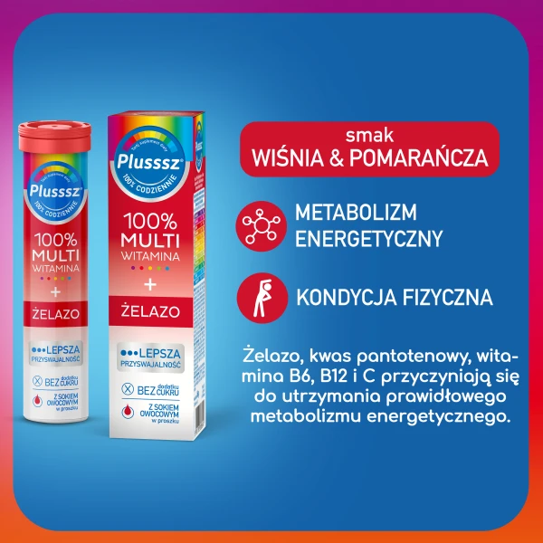 plusssz-100%-multiwitamina-zelazo-smak-wisnia-pomarancza-20-tabletek-musujacych