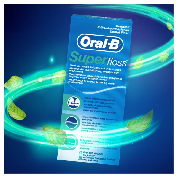 Oral-B Super Floss, nić dentystyczna do czyszczenia aparatów ortodontycznych i mostów, 50 sztuk