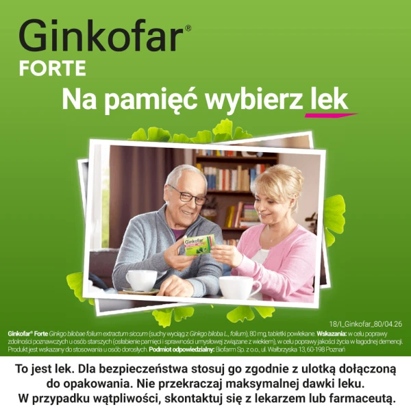 Ginkofar Forte 80 mg, wspiera pamięć, 60 tabletek powlekanych