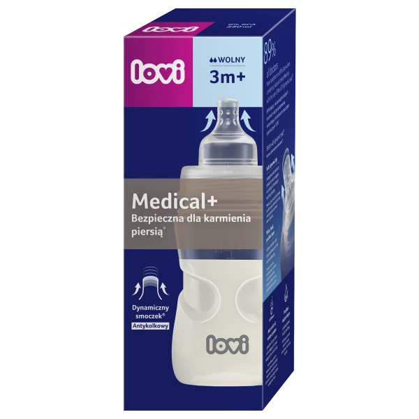 Lovi Medical Butelka antykolkowa, Bezpieczna dla karmienia piersią, 3m+, 250 ml