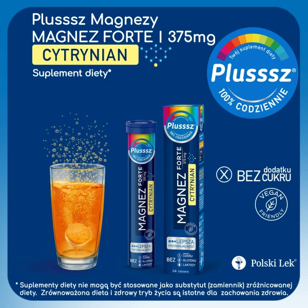Plusssz Magnez Forte Cytrynian, smak pomarańcza-marakuja, 24 tabletki musujące
