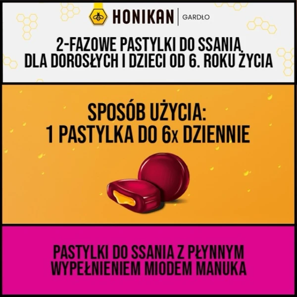 Honikan Gardło, 2-fazowe pastylki do ssania dla dzieci od 6 lat i dorosłych, smak wiśnniowy, 16 sztuk