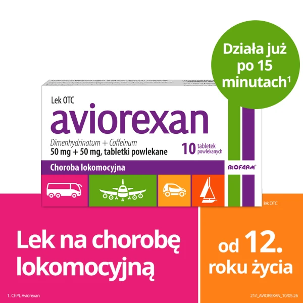 Aviorexan 50 mg + 50 mg, na chorobę lokomocyjną, 10 tabletek powlekanych