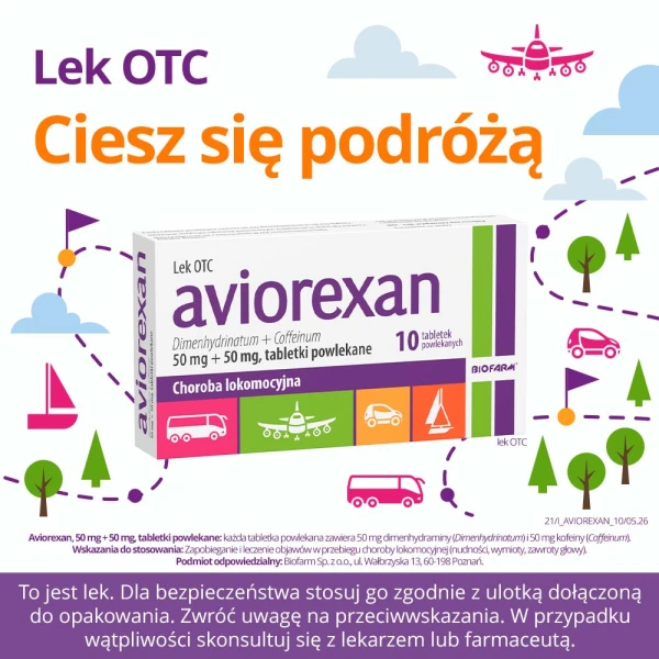 Aviorexan 50 mg + 50 mg, na chorobę lokomocyjną, 10 tabletek powlekanych