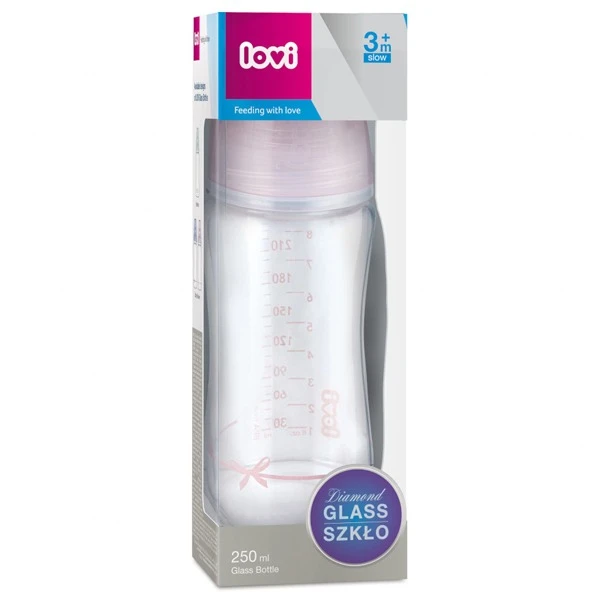 Lovi Diamond Glass, butelka szklana ze smoczkiem dynamicznym, Baby Shower, od 3 miesiąca, 250 ml