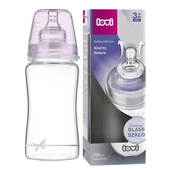 Lovi Diamond Glass, butelka szklana ze smoczkiem dynamicznym, Baby Shower, od 3 miesiąca, 250 ml