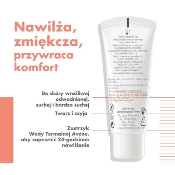 Avene Hydrance Rich, bogaty krem nawilżający, skóra wrażliwa, sucha i bardzo sucha, 40 ml