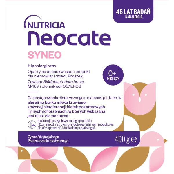Neocate Syneo, dla niemowląt i dzieci z alergią na białka mleka krowiego i złożoną nietolerancją białek pokarmowych, od urodzenia, proszek, 400 g